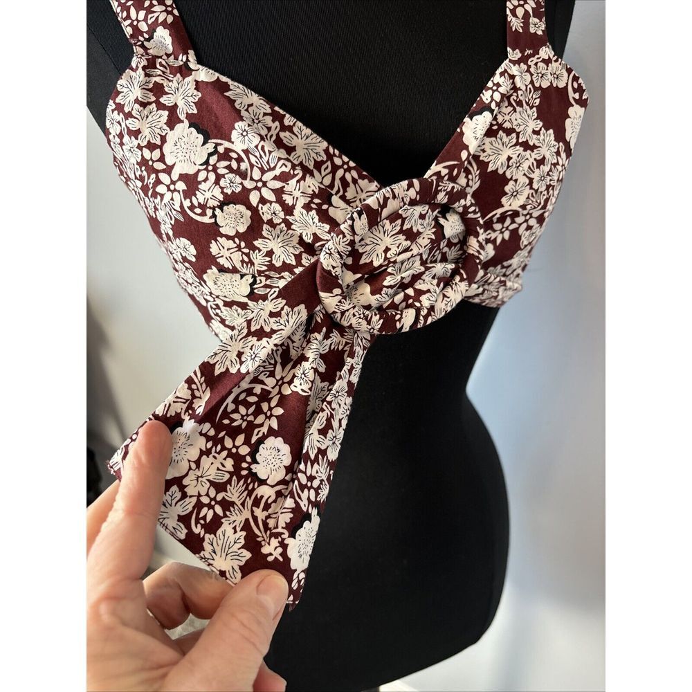 Zara Women's Floral Cotton Brown Cream Beach Cropped Buckle Top Size S